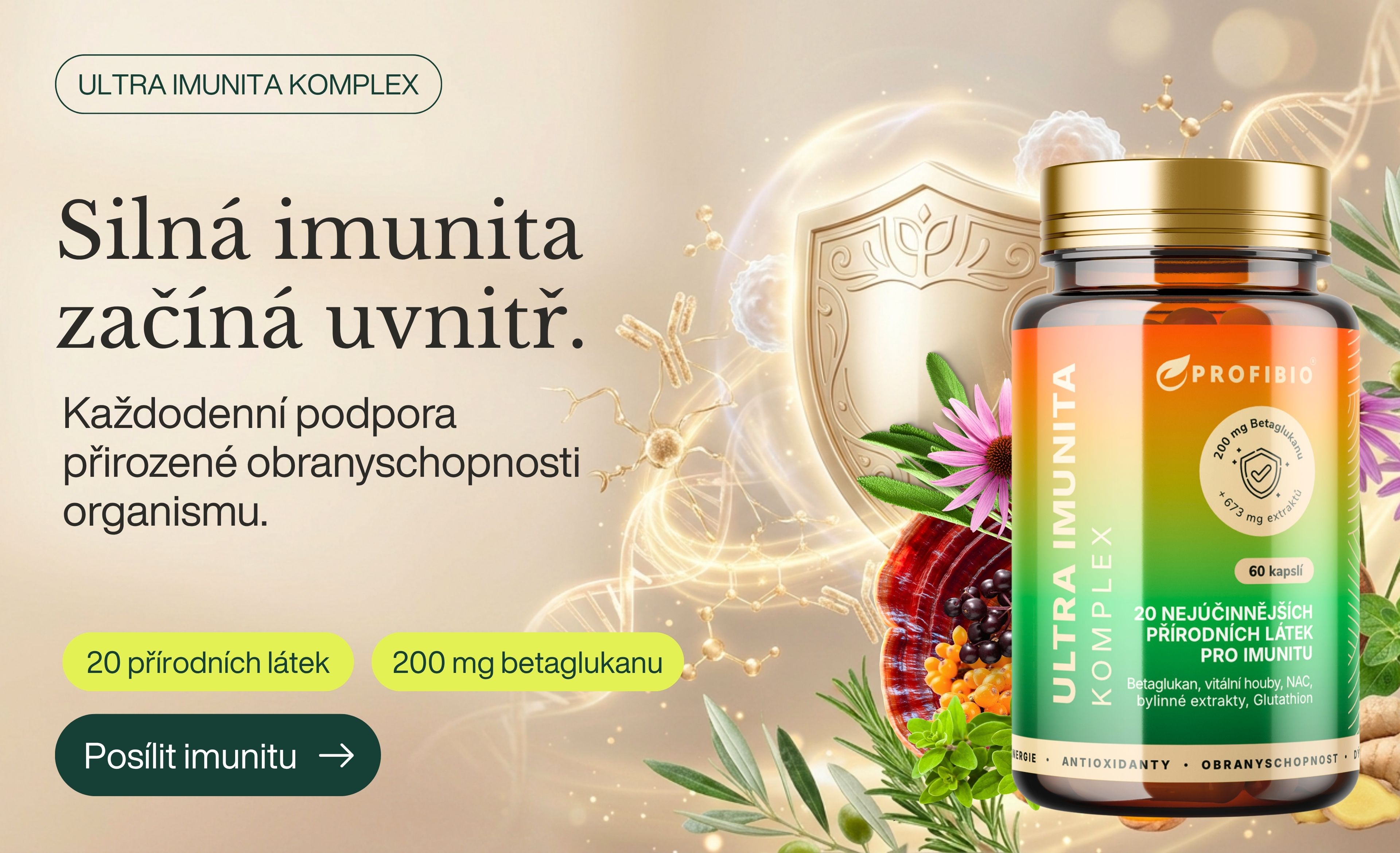 Betaglukan PREMIUM ULTRA IMUNITA KOMPLEX (+ Reishi, kurkuma, vitální houby, bylinné extrakty, Glutathion, NAC), 20 nejúčinnějších přírodních látek pro imunitu, 60 kapslí
